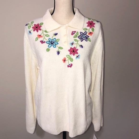 Chenille Knit Floral Embroidered Granny Sweater Ivory Cream Large Off White - Picture 2 of 10